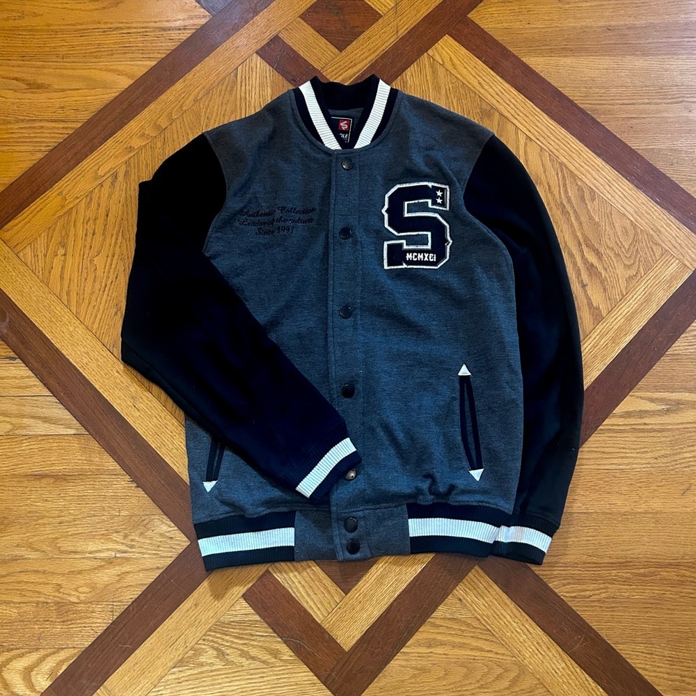 Authentic Southpole Men's Black and Gray Varsity Jacket with Patches